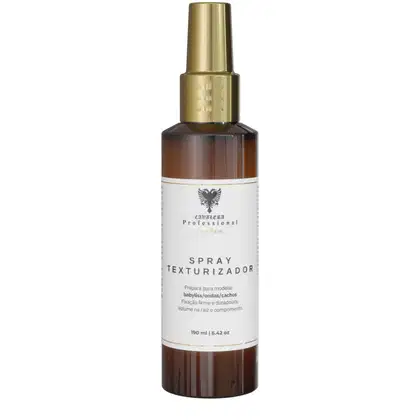Frasco de spray texturizador da marca Cavalera Professional, com embalagem em tons de marrom e dourado, contendo 190 ml do produto. O rótulo indica que o spray é utilizado para modelar babyliss, ondas e cachos, proporcionando fixação firme e duradoura.
