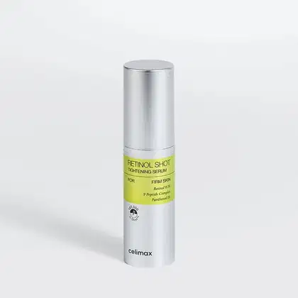 Frasco de soro reafirmante Retinol Shot da Celimax, com embalagem prateada e rótulo verde destacando os principais ingredientes e benefícios para a firmeza da pele.