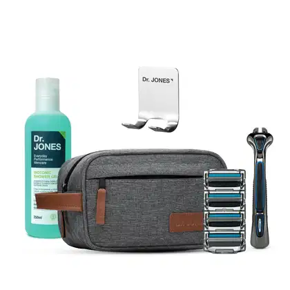 Kit Dr. Jones The Razor 4 Cuidado Diário + Suporte, 5 produtos.