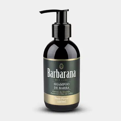 Shampoo para barba da marca Barbarana. Há informações sobre os ingredientes principais, como extrato de sândalo, pantenol e óleo de cedro. O tamanho do produto é de 150ml.