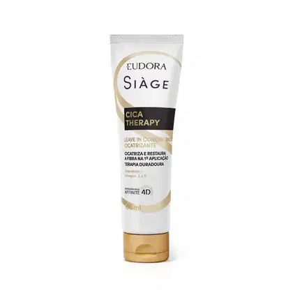 Tubo de tratamento capilar Siàge Cica Therapy, com embalagem branca e dourada, contendo 100 ml do produto. O rótulo destaca o nome da marca, o tipo de tratamento "Cica Therapy" e informações sobre os benefícios do produto.