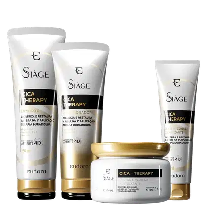 Produtos da linha Siàge Cica Therapy, incluindo shampoo, condicionador, leave-in e máscara capilar, em embalagens brancas com detalhes dourados, apresentando a marca e a descrição da terapia de cicatrização.