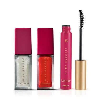 Imagem do produto Combo Niina Secrets: Gloss Vermelho Jaspe 7ml + Gloss Holográfico Moon 7ml + Máscara para Cílios 8g