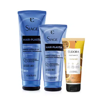 Imagem do produto Combo Eudora: Shampoo Hair-Plastia 250ml + Condicionador Hair-Plastia 200ml + Creme Relaxante Corporal Instance Maracujá 180ml