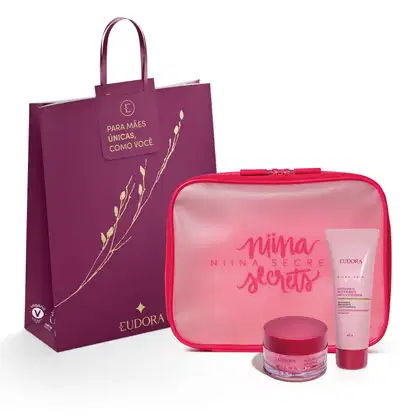 Imagem do produto Combo Presente Niina Secrets: Máscara Labial Noturna 9g + Hidratante Matificante Antioleosidade 40g + Nécessaire Pink + Sacola Eudora