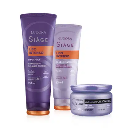 Imagem do produto Combo Eudora Siàge: Shampoo Liso Intenso 250ml + Máscara Acelera o Crescimento 250g + Condicionador Liso Intenso 200ml