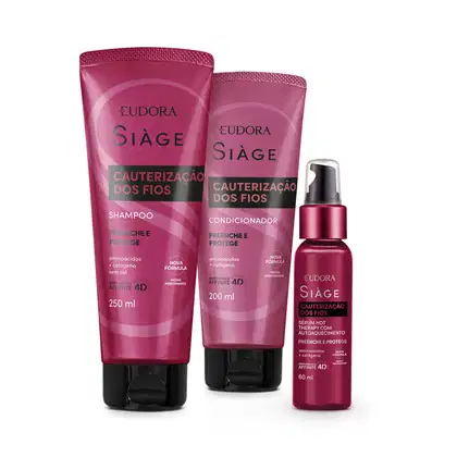 A imagem mostra três produtos da linha "Eudora Siàge Cauterizacão dos Fios".Um shampoo de 250ml, um condicionador de 200ml e um sérum hot therapy de autoaquecimento de 60ml. As embalagens são rosa com detalhes em preto.