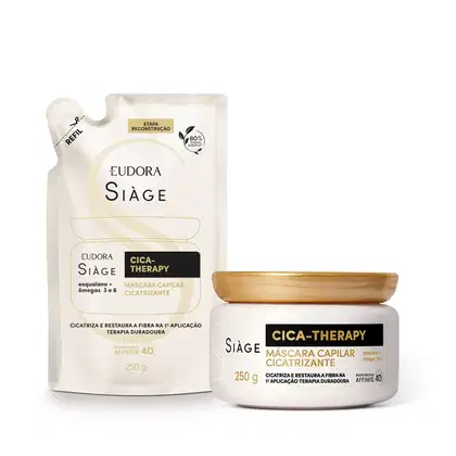 A imagem mostra um kit com dois produtos, um refil e um pote de máscara capilar. Ambos com embalagem bege, letras pretas e bege.