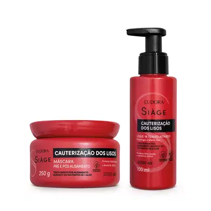 Um frasco vermelho de 100ml contendo leave-in termo-ativado. Um pote vermelho de 250g com máscara pré e pós alisamento. Embalagens plásticas na cor vermelha com detalhes em preto e informações do produto.