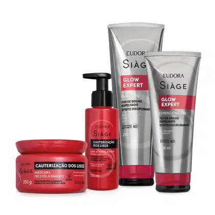 Duas embalagens da linha cauterização dos fios. Um frasco de 100ml contendo leave-in. Um pote de 250g com máscara. Duas embalagens em bisnaga da linhaglow expert nas cores prata e vermelho. Shampoo 250ml, condicionador 200ml.
