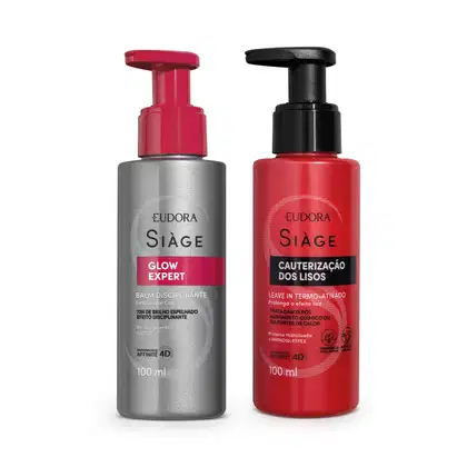 Um frasco prateado com detalhes vermelhos contém um balm disciplinante "Glow Expert" de 100ml. O outro frasco vermelho com detalhes pretos contém um leave-in termo-ativado "Cauterização dos Lisos" de 100ml para prolongar o efeito liso.