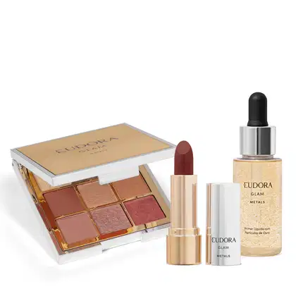 Imagem do produto Combo GLAM Metals: Paleta de Sombra 5,85g + Primer Líquido Facial 32ml + Batom Vermelho Nude Nobre 3,6g