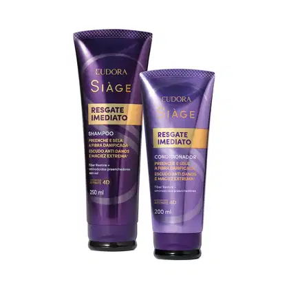 Shampoo e condicionador da linha Siàge Resgate Imediato da marca Eudora. Embalagens plásticas em tom roxo escuro. Destaca as descrições"Preenche e Sela a Fibra Danificada", "Escudo Anti Danos e Maciez Extrema". Tamanhos de 250ml para o shampoo e 200ml