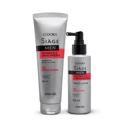Shampoo e tônico capilar da linha Siàge Men Eudora. O shampoo vem em uma embalagem prateada de 250ml, com detalhes em vermelho e preto. O tônico capilar é apresentado em um frasco prateado com aplicador em spray de 100ml, com detalhes em vermelho e preto.