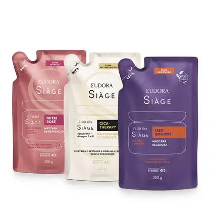 A imagem mostra três embalagens flexíveis de refil de máscaras da Siàge Eudora com diferentes cores - rosa, bege e roxo. Cada embalagem contém 250g do produto. A embalagem rosa é a "Nutri Rosé", a bege é a "Cica-Therapy" e a roxa é a "Liso Intenso".