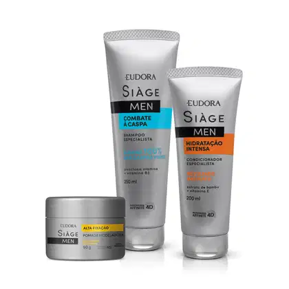 Produtos da linha Siàge Men da marca Eudora. Inclui um shampoo de 250ml em embalagem cinza com detalhes em azul, um condicionador de 200ml em embalagem cinza com detalhes em laranja, e uma pomada modeladora de 90g em pote cinza com detalhes em amarelo.