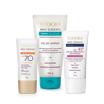 Imagem do produto Eudora Neo Dermo Purific Gel De Limpeza Facial 150g, Protetor Solar Sem Cor Fps 70 40g + Pró Age Gel Creme Facial 45+ 50g