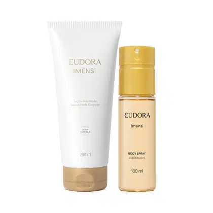 Dois produtos da linha Imensi da Eudora: um desodorante corporal em frasco plástico amarelo e um hidratante corporal em tubo branco com detalhes dourados. Ambos apresentam o nome da linha "Imensi" em destaque.