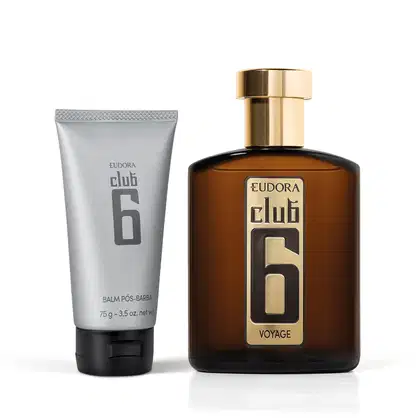 Conjunto de produtos de beleza da linha Club 6 da Eudora, composto por um frasco de perfume com rótulo dourado e um tubo de bálsamo pós-barba em embalagem cinza.