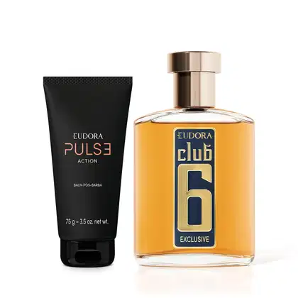 O conjunto inclui um frasco de perfume Eudora Club 6 Exclusive e um tubo de Balm Pós-Barba Eudora Pulse Action. O frasco de perfume possui um design elegante com detalhes em dourado, enquanto o tubo de balm tem uma embalagem preta com textura.