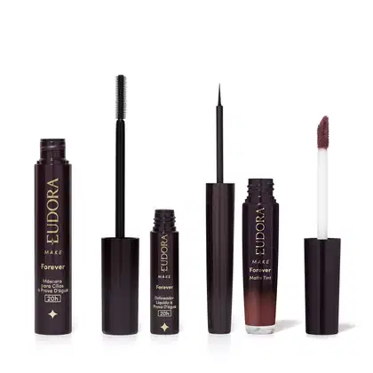 Imagem do produto Combo Eudora Make: Máscara Cílios Forever 8g + Delineador Líquido Forever 3ml + Batom Líquido Matte Tint Rose Vintage 4ml