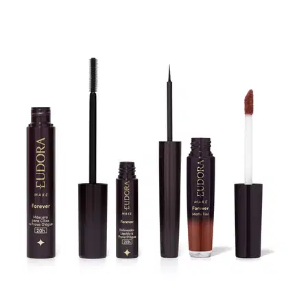 Imagem do produto Combo Eudora Make: Máscara Cílios Forever 8g + Delineador Líquido Forever 3ml + Batom Líquido Marrom Nude Icônico 4ml