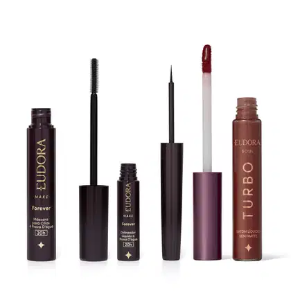 Imagem do produto Combo Eudora Make: Batom Líquido Rosa Pink Turbinado 5ml + Máscara Cílios Forever 8g + Delineador Líquido Forever 3ml