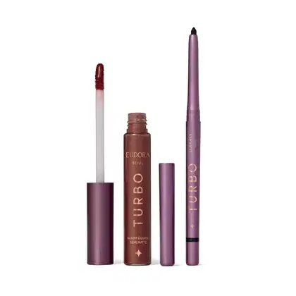 Imagem do produto Combo Eudora Make: Batom Líquido Marrom Turbo Soul 5ml + Lapiseira Retrátil Para Olhos Preta Turbo Soul 350mg