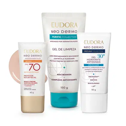 Imagem do produto Combo Facial 30+: Protetor Solar Facial Fps 70 Cor 1 40g + Gel Limpeza Purific 150ml + Gel Hidratante Antissinais 30+ 50g + Sacola