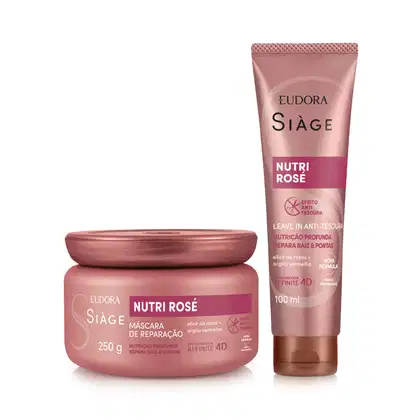 Kit com máscara capilar e leave-in da linha Siàge Nutri Rosé da marca Eudora.