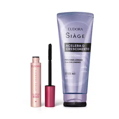 Conjunto de produtos de beleza da marca Eudora, incluindo um condicionador Sìage para acelerar o crescimento dos cabelos em embalagem de 200 ml e um rímel Super Bold da linha Nina Secrets em embalagem rosa.