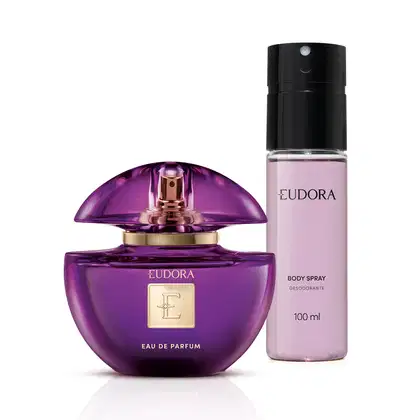 Eau de Parfum 75ml + Body Spray 100ml, cores predominantes são o roxo, dourado e preto.