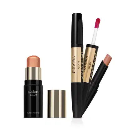 Imagem do produto Combo Eudora Glam: Batom Micro Plump Avelã Magnífico 1,8g + Iluminador Stick Golden 5g