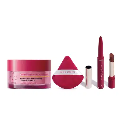 Imagem do produto Combo Niina Secrets: Esponja Pink Puff + Creme Skin Overnight 45g + Batom Duo Avelã 1,65g