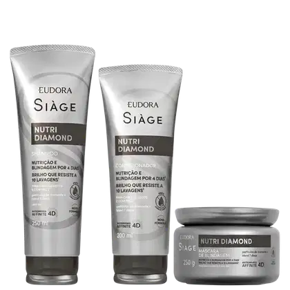 Os produtos Siàge Nutri Diamond incluem um shampoo, um condicionador e uma máscara de tratamento em embalagens brancas e cinzas. Os rótulos destacam os benefícios de nutrição e brilho que duram até 10 lavagens.
