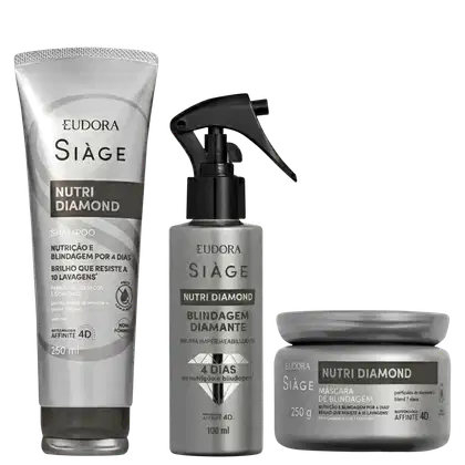 Produtos da linha Siàge da Eudora: shampoo, spray e máscara de tratamento Nutri Diamond, com embalagens em tons de cinza e preto, destacando os benefícios de nutrição e blindagem para os cabelos.