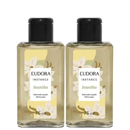 Dois frascos de sabonete líquido perfumado Eudora Instance Baunilha, com 75 ml cada, em embalagem com design floral em tons de amarelo e branco.