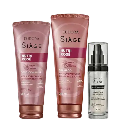 Dois frascos de shampoo e condicionador da linha Siàge Nutri Rosé, com embalagens em tons de rosa e detalhes em dourado. Também é exibido um frasco de óleo nutritivo Siàge Nutri Diamond, em embalagem prateada.
