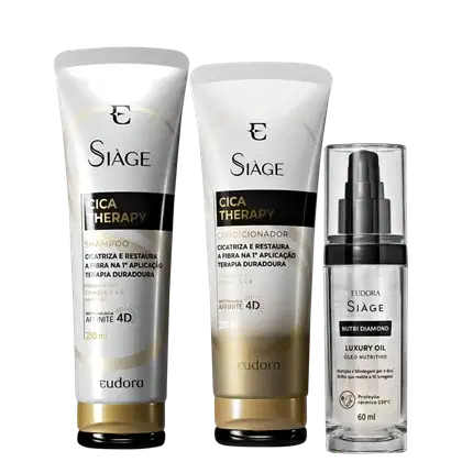 Produtos da linha Siàge: shampoo e condicionador Cica Therapy em embalagens brancas com detalhes dourados, além de um frasco de óleo nutritivo Nutri Diamond Luxury Oil, também da marca Siàge, em embalagem prateada.