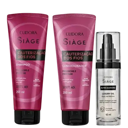 Produtos da linha Siàge da Eudora: shampoo e condicionador para cauterização dos fios, com fórmula sem sal e aminoácidos, e óleo nutritivo Nutri Diamond em embalagens rosa e preta.