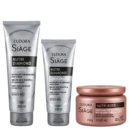Três produtos da linha Siàge da Eudora: shampoo, condicionador e máscara de reparação, com embalagens em tons de cinza e rosa, destacando os nomes "Nutri Diamond" e "Nutri Rose".