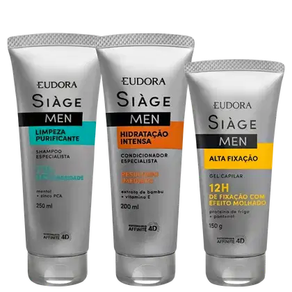 Três produtos da linha Siàge Men da Eudora: shampoo purificante, condicionador hidratante e gel capilar de alta fixação, em embalagens brancas e cinzas com detalhes em azul, laranja e amarelo.