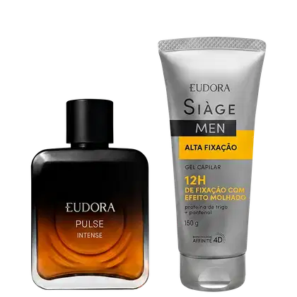 O produto Eudora Pulse Intense é um frasco de perfume preto com rótulo laranja. O produto Eudora Siage Men é um tubo de gel capilar cinza com rótulo amarelo, indicando fixação alta por 12 horas com efeito molhado.