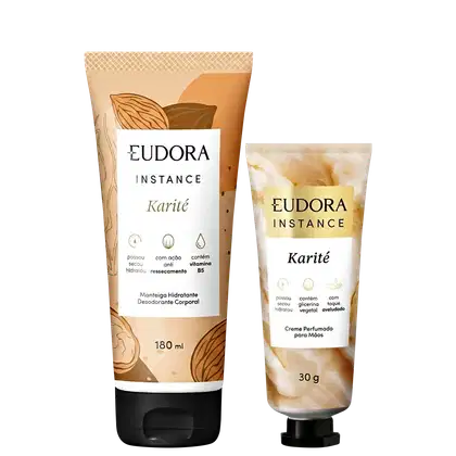 Dois produtos de beleza da marca Eudora Instance: um creme hidratante corporal em tubo de 180 ml e um creme perfumado para mãos em tubo de 30 g, ambos com embalagens em tons de laranja e branco destacando o ingrediente Karité.