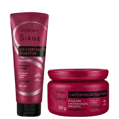 Dois produtos da linha Siàge da Eudora: um frasco de shampoo de 250 ml e um pote de máscara capilar de 250 g, ambos com embalagens na cor rosa escuro e rótulos com o nome da linha e informações sobre o tratamento de fios.