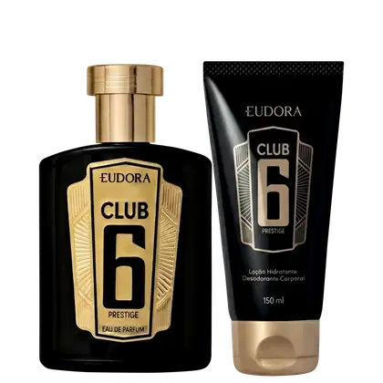 Perfume e desodorante da linha Club 6 da Eudora, com embalagens em preto e dourado. O frasco de perfume possui detalhes dourados e o texto "Club 6 Prestige", enquanto o desodorante apresenta o mesmo design em preto e dourado.