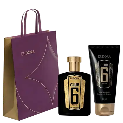 Embalagem de perfume e desodorante da linha Club 6 da marca Eudora, com frasco dourado e embalagem roxa com detalhes em dourado, além de tubo de desodorante corporal da mesma linha.