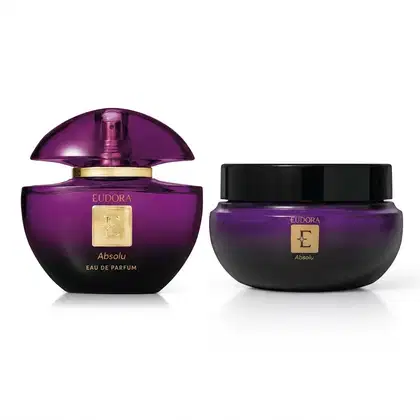 Conjunto com eau de parfum e creme hidratante desodorante Eudora Absolu, na cor roxa, com embalagens em formato arredondado e detalhes dourados.