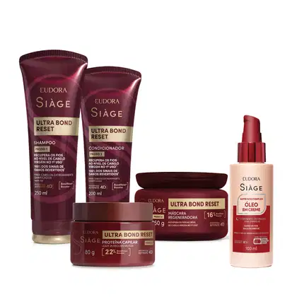Conjunto de produtos Siàge Ultra Bond Reset, incluindo shampoo, condicionador, máscara regeneradora e óleo em creme, em embalagens de plástico com cores predominantes vermelho e marrom.
