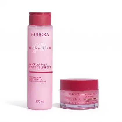 Frasco de leite micelar rosa e pote de máscara labial rosa da linha Niina Skin da Eudora, com tecnologia Skin Secrets e ácido hialurônico.